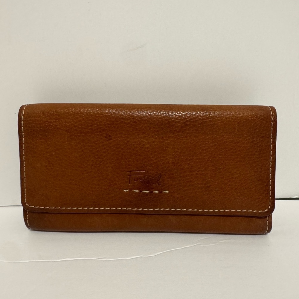 Fossil Brown Leather Wallet Flap Trifold Checkbook Credit card Bohemian 90’s